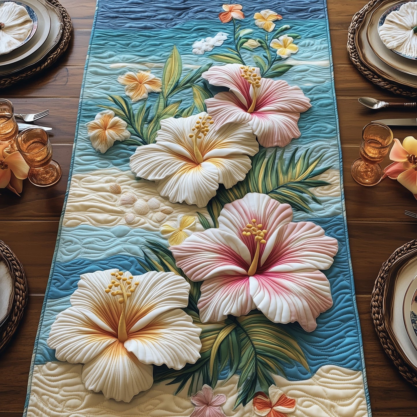 Coastal Hibiscus Paradise Quilted Table Runner GFTOHD6912