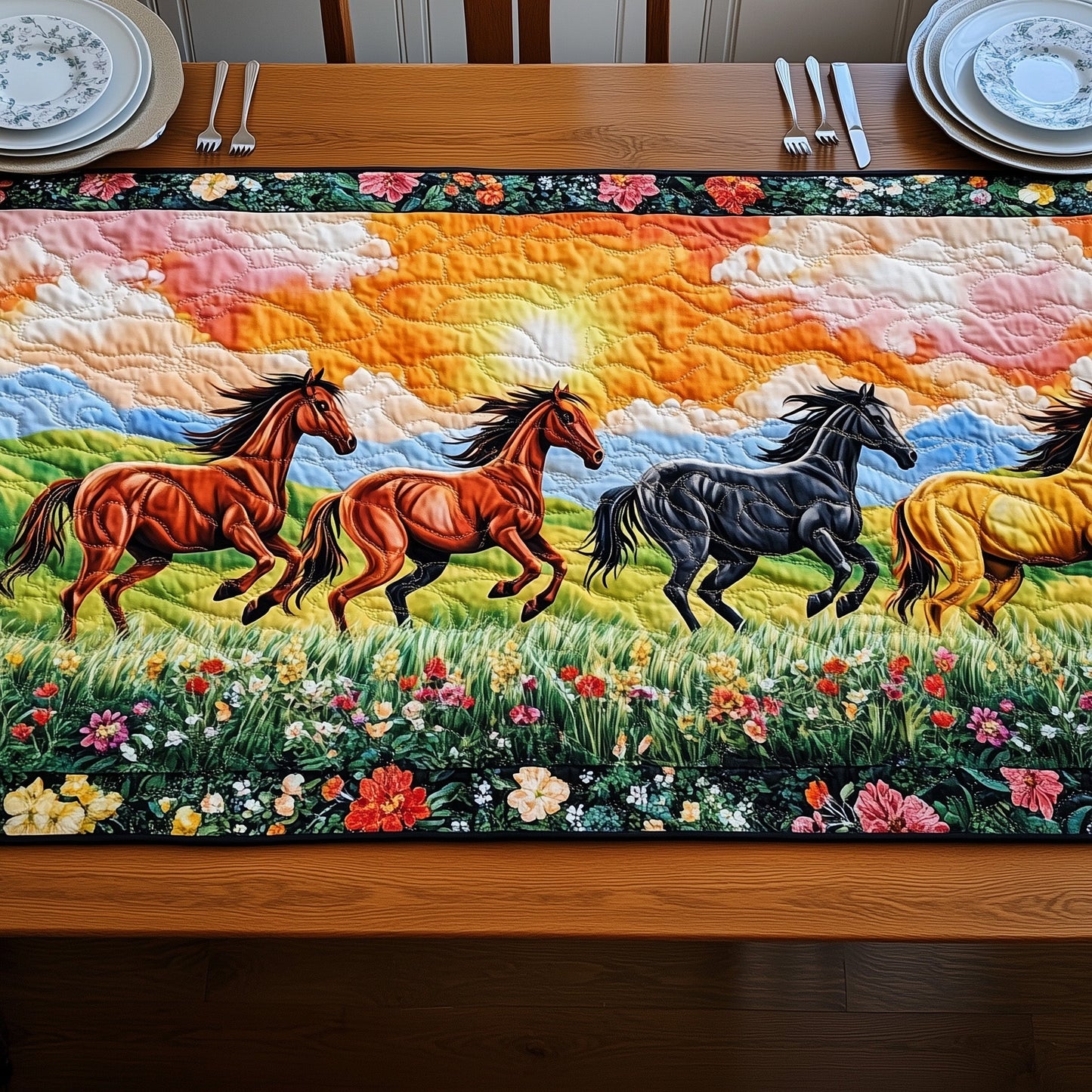 Sunset Horse Charge Quilted Table Runner GFTOHD6930