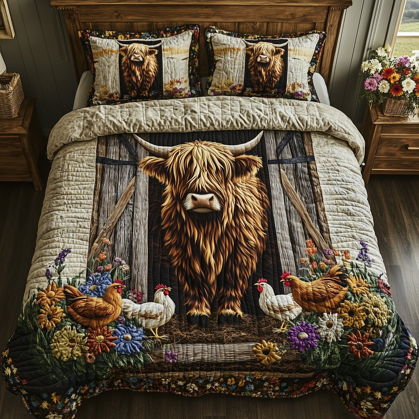 Farmyard  Highland Cow 3-Piece Quilted Bedding Set GFTOHD7157