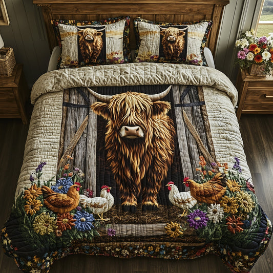 Farmyard  Highland Cow 3-Piece Quilted Bedding Set GFTOHD7157