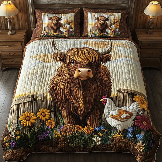 Farmyard  Highland Cow 3-Piece Quilted Bedding Set GFTOHD7158