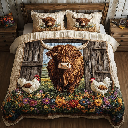 Farmyard  Highland Cow 3-Piece Quilted Bedding Set GFTOHD7159