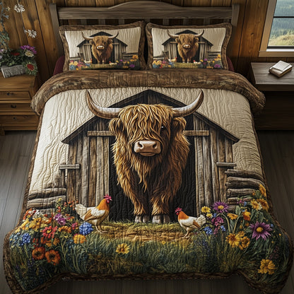 Farmyard  Highland Cow 3-Piece Quilted Bedding Set GFTOHD7160