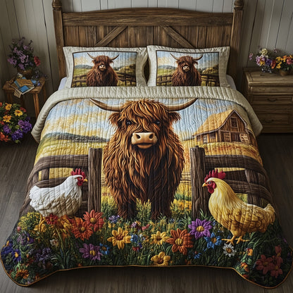 Farmyard  Highland Cow 3-Piece Quilted Bedding Set GFTOHD7161
