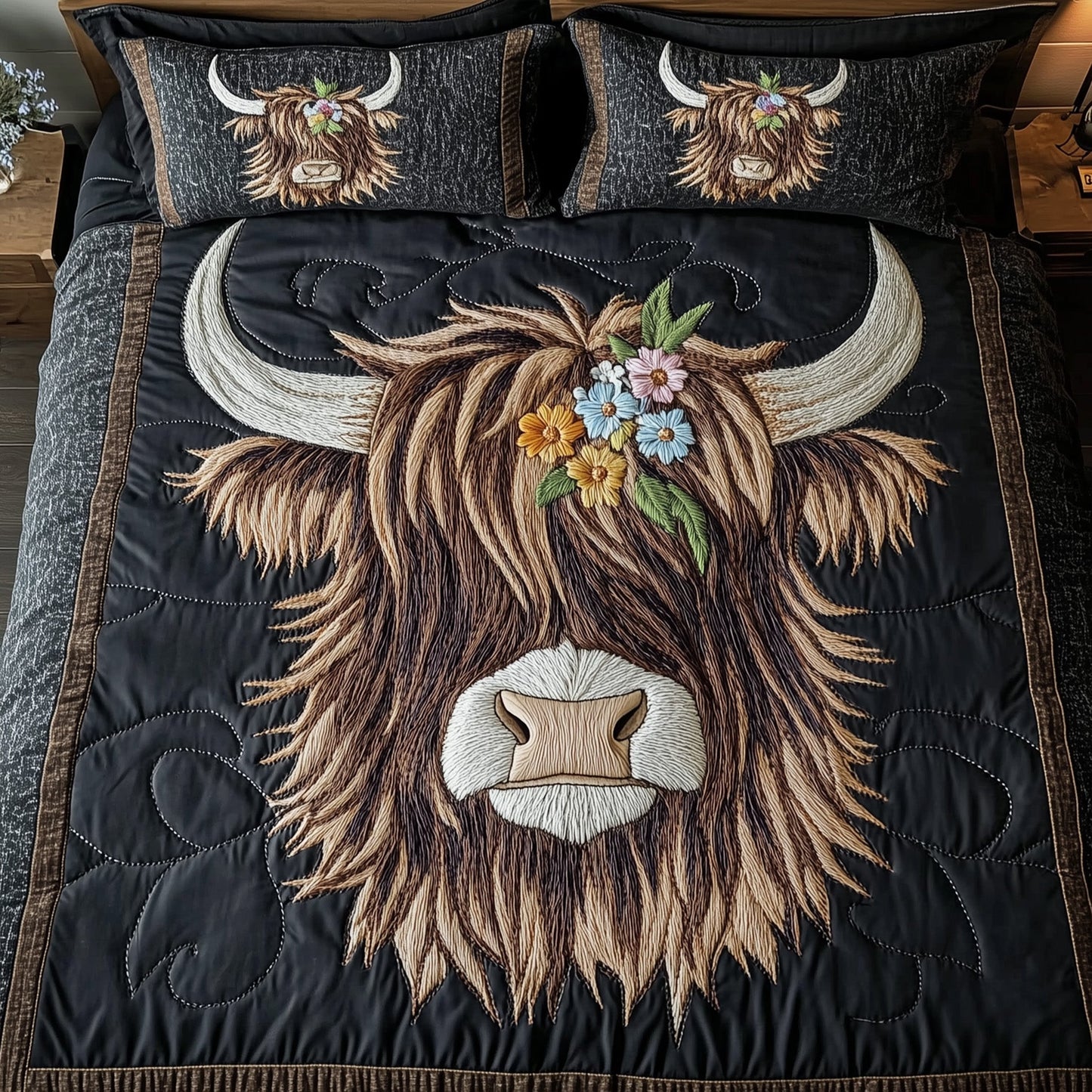 Funky Highland Cow 3-Piece Quilted Bedding Set GFTOHD7189