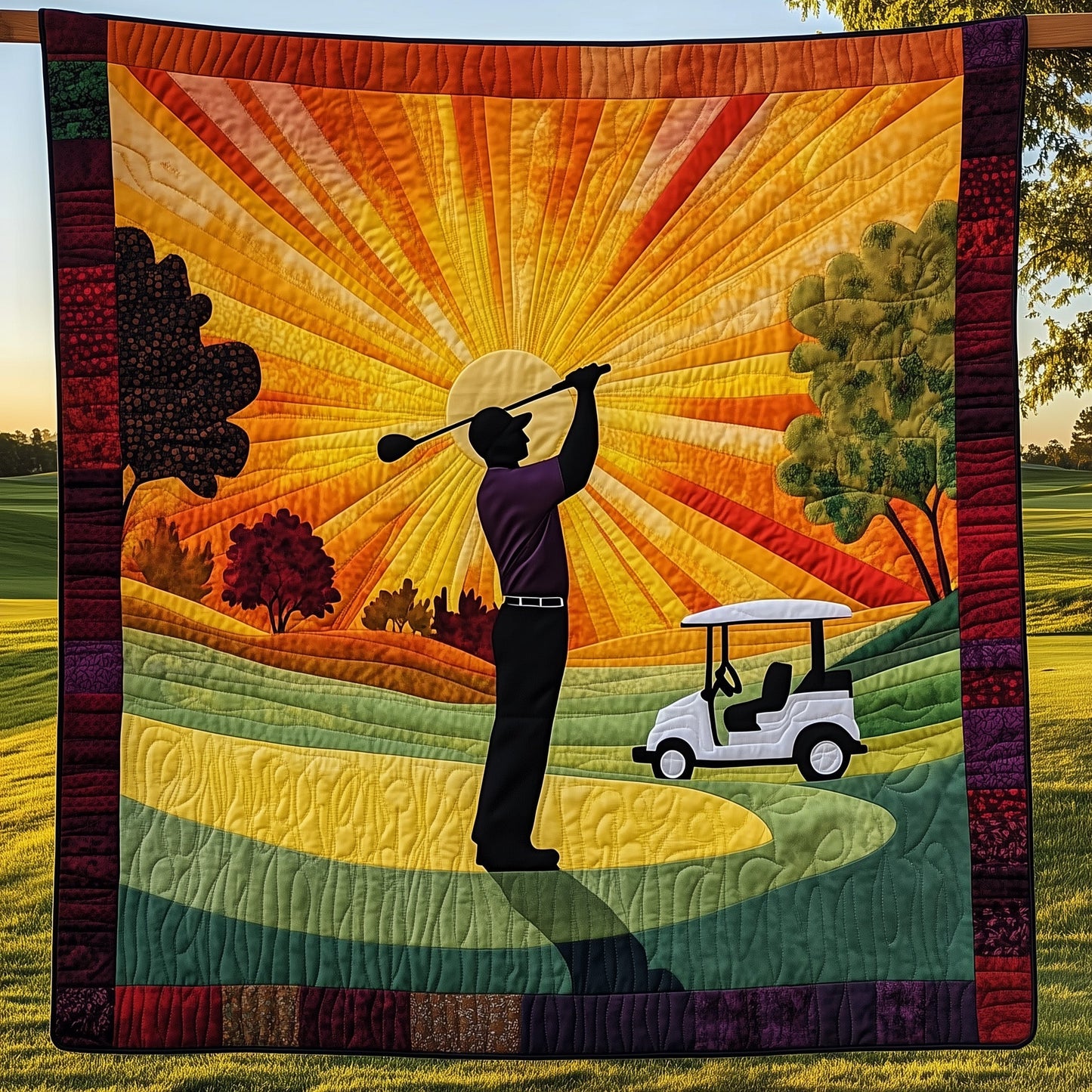 Sunset Golfer Swing Quilted Blanket GFTOHD7278