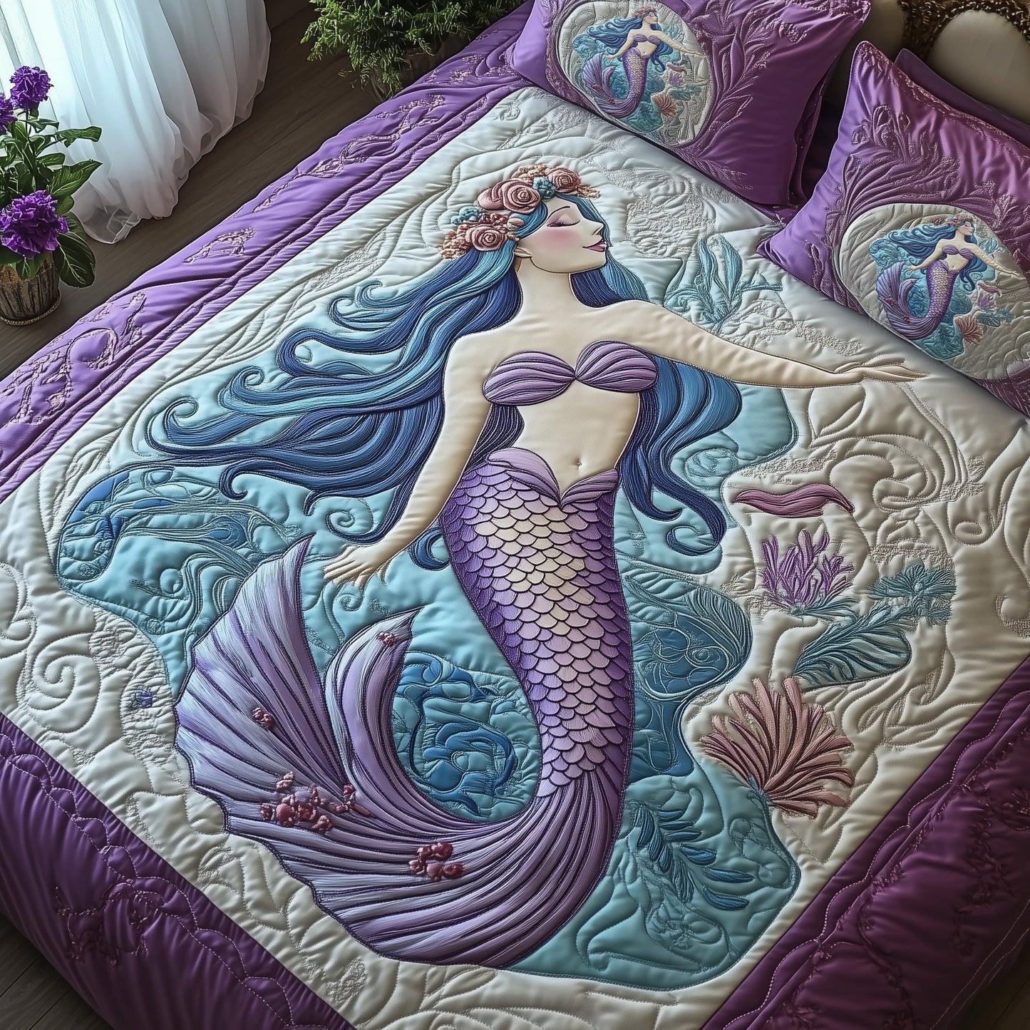 Enchanted Mermaid 3-Piece Quilted Bedding Set GFTOHD7746