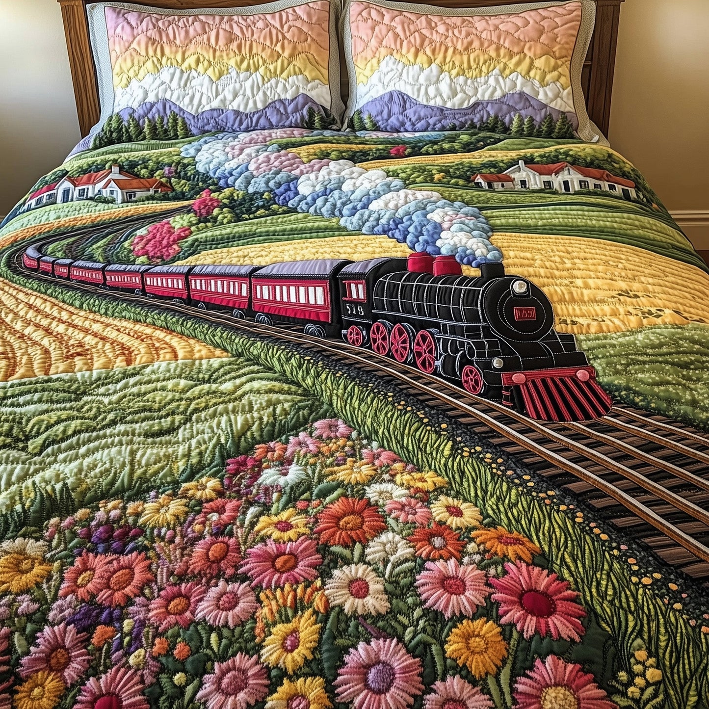 Whimsical Countryside Train 3-Piece Quilted Bedding Set GFTOHD8111