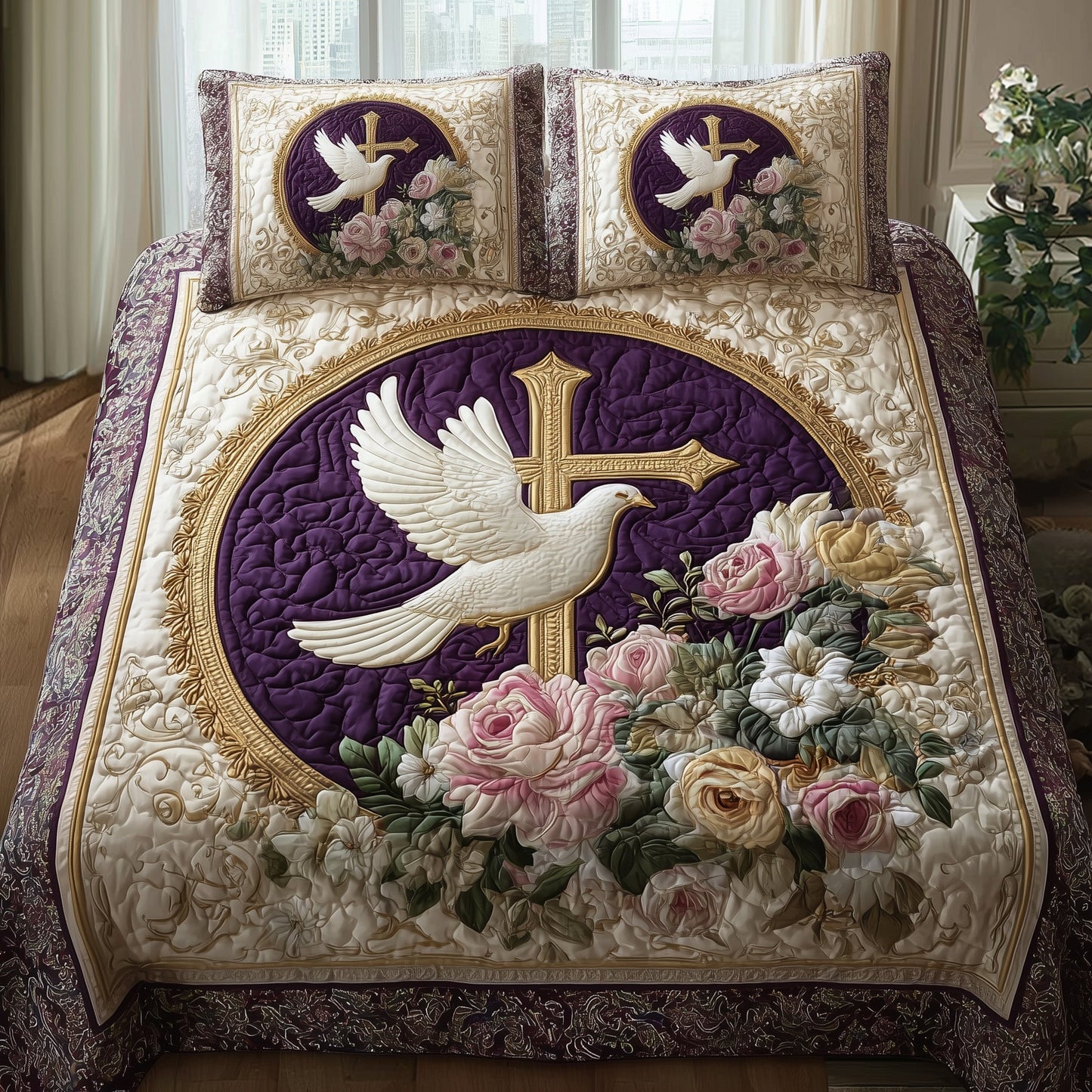 Peaceful Cross 3-Piece Quilted Bedding Set GFTOHD8509