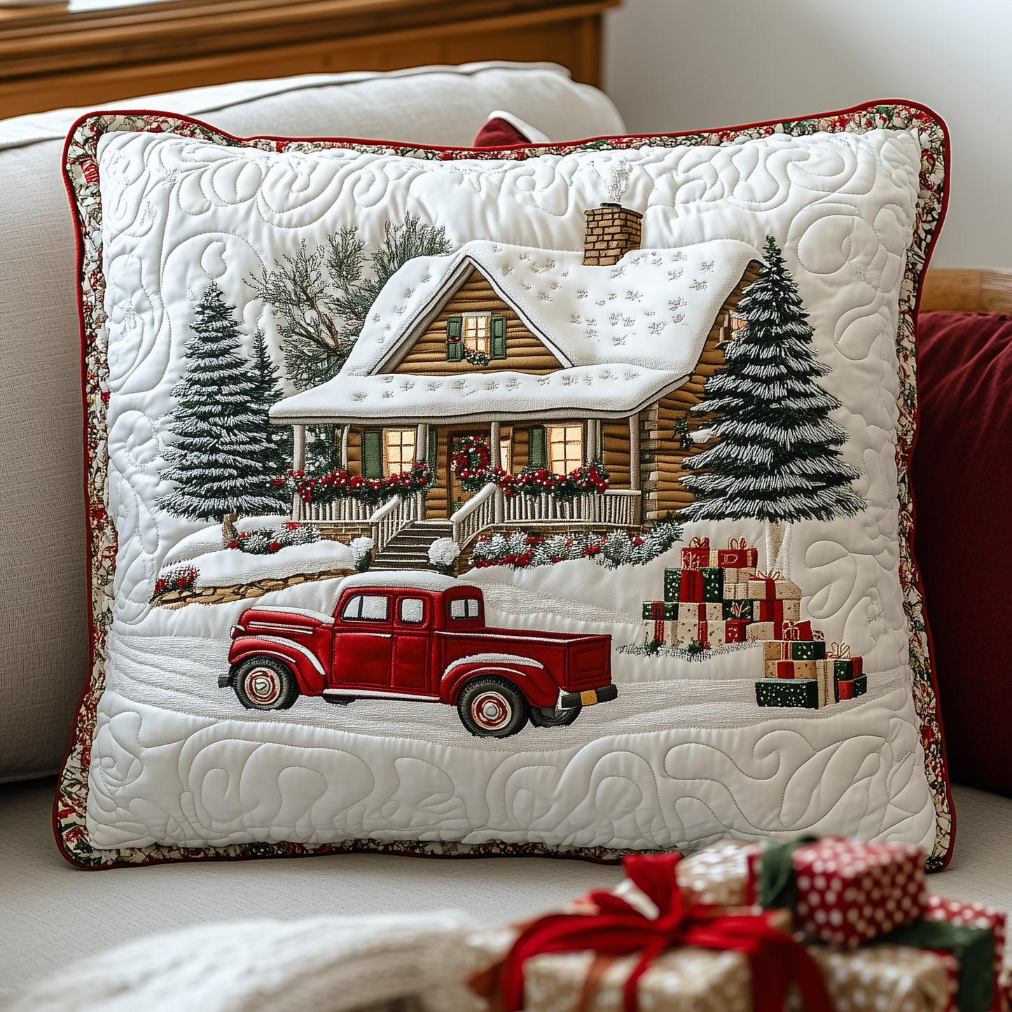 Peaceful Snow Cabin Quilted Pillow Case GFTOHD916