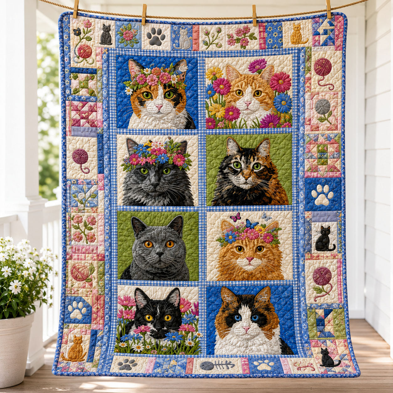 Spring Garden Cats Patchwork Quilted Blanket GFTOHNL1002
