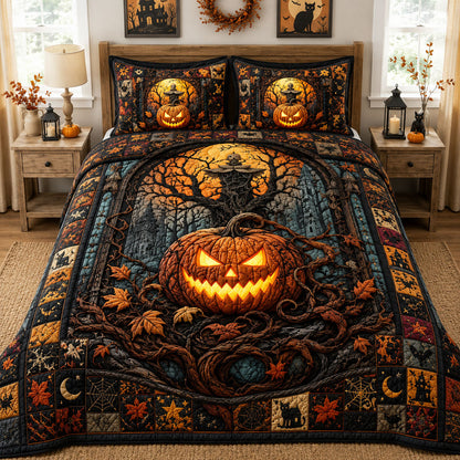 Haunted Harvest Jack O Lantern 3-Piece Quilted Bedding Set GFTOHNL1049