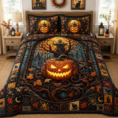 Haunted Harvest Jack O Lantern 3-Piece Quilted Bedding Set GFTOHNL1049