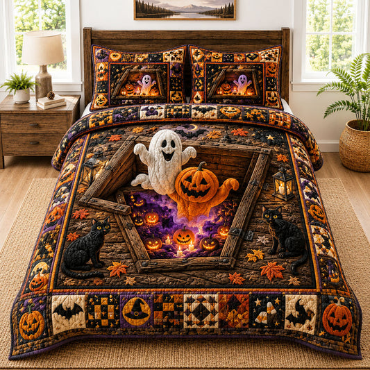 Spooky Trapdoor Ghost Pumpkin Halloween 3-Piece Quilted Bedding Set GFTOHNL1091