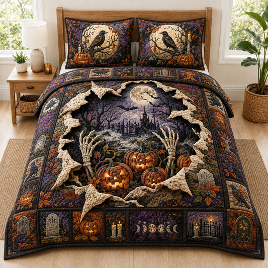 Skeleton Hands Pumpkin Graveyard Halloween 3-Piece Quilted Bedding Set GFTOHNL1093