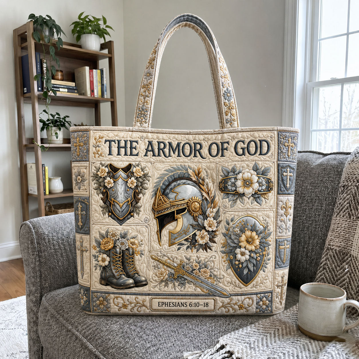 Blue Gold Armor Of God Warrior Quilted Tote Bag GFTOHNL1118