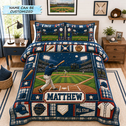Personalized Baseball Night Game 3-Piece Quilted Bedding Set GFTOHNL1171