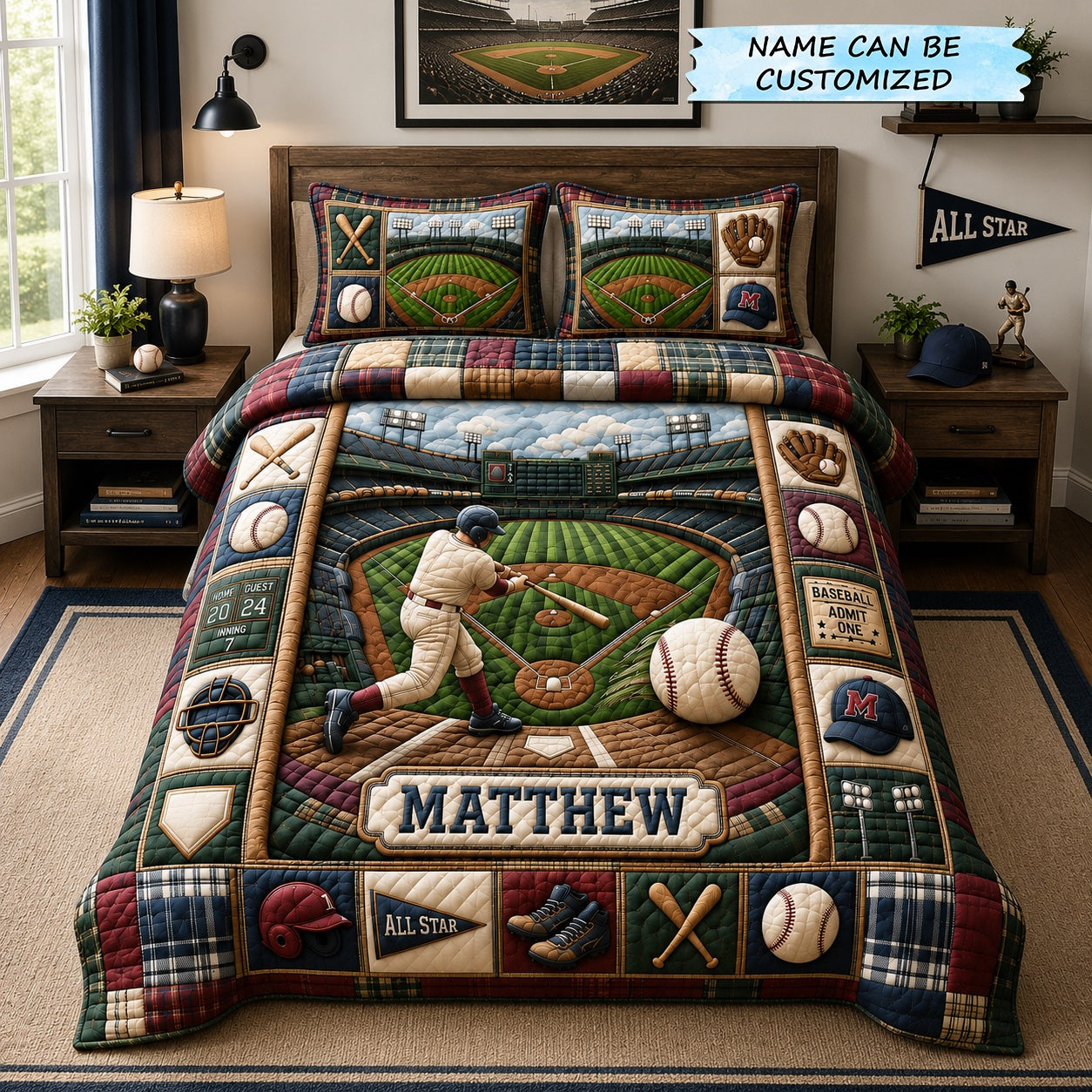 Personalized Baseball Grand Slam 3-Piece Quilted Bedding Set QTCUZ GFTOHNL1172