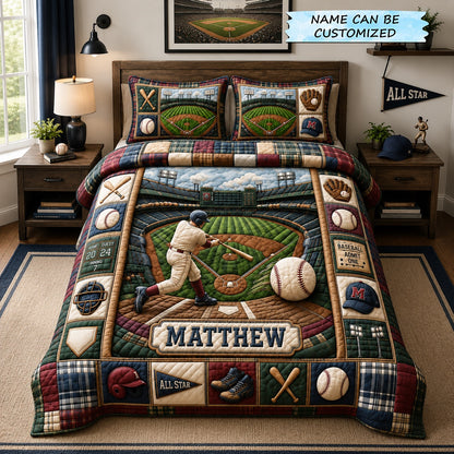 Personalized Baseball Grand Slam 3-Piece Quilted Bedding Set QTCUZ GFTOHNL1172