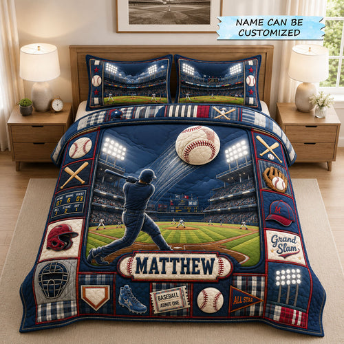 Personalized Baseball Home Run Stadium 3-Piece Quilted Bedding Set GFTOHNL1173