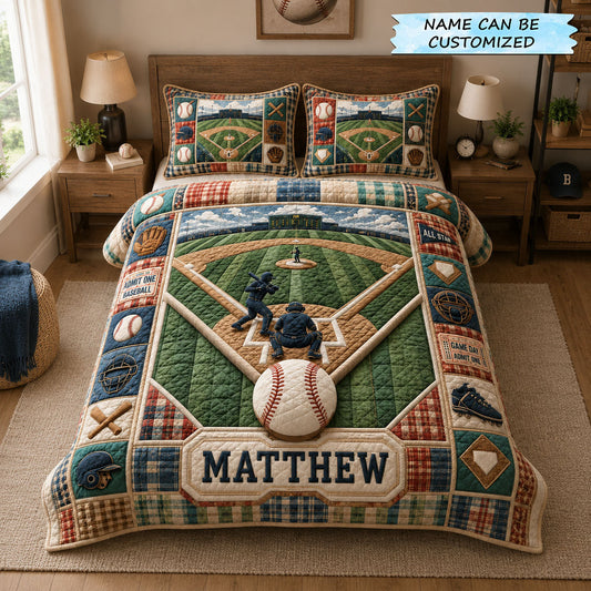 Personalized Baseball Game Day Field 3-Piece Quilted Bedding Set GFTOHNL1174