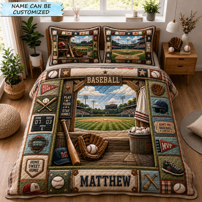 Personalized Vintage Baseball Dugout 3-Piece Quilted Bedding Set GFTOHNL1175