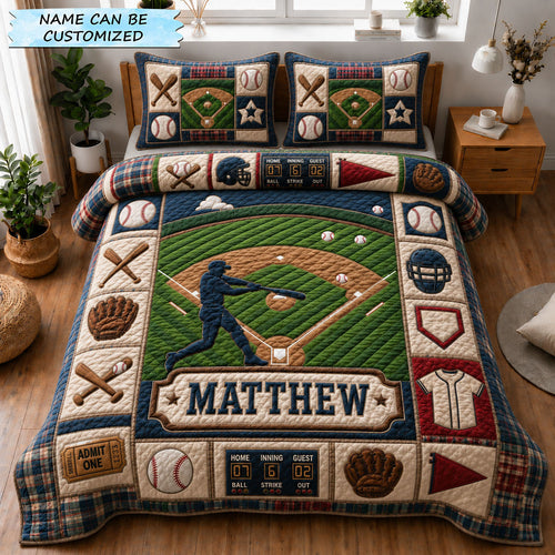 Personalized Baseball Player Field 3-Piece Quilted Bedding Set GFTOHNL1176