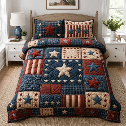 Americana Star Patchwork 3-Piece Quilted Bedding Set GFTOHNL1177