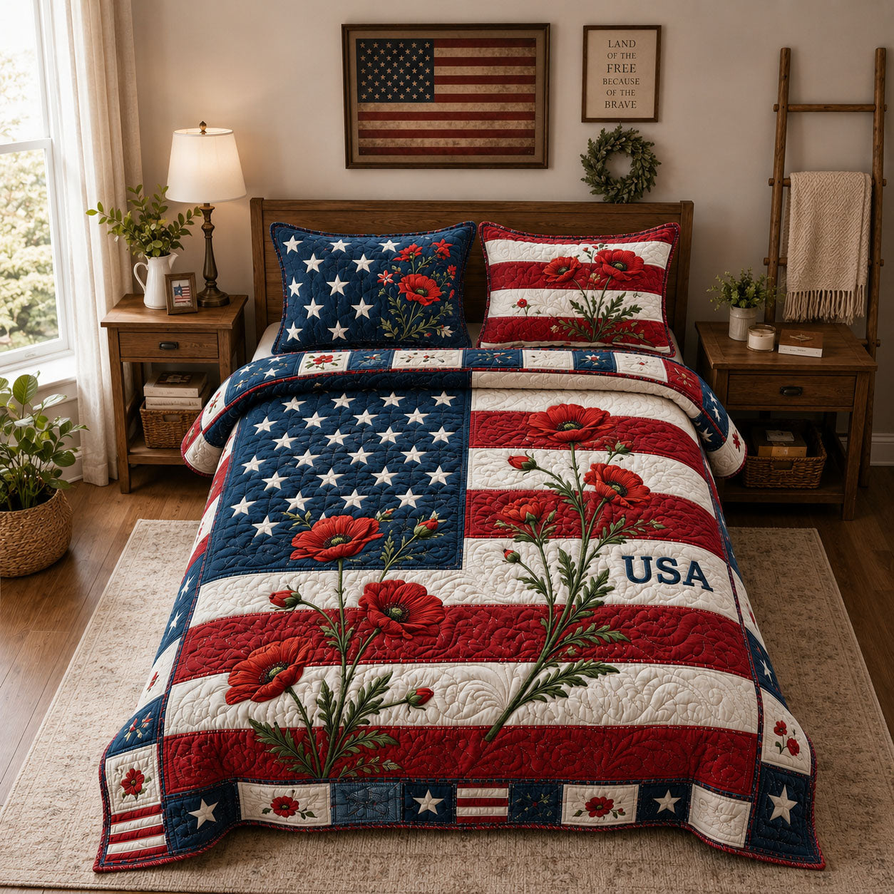 USA Flag Poppy Memorial 3-Piece Quilted Bedding Set GFTOHNL1180
