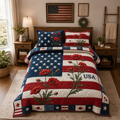 USA Flag Poppy Memorial 3-Piece Quilted Bedding Set GFTOHNL1180