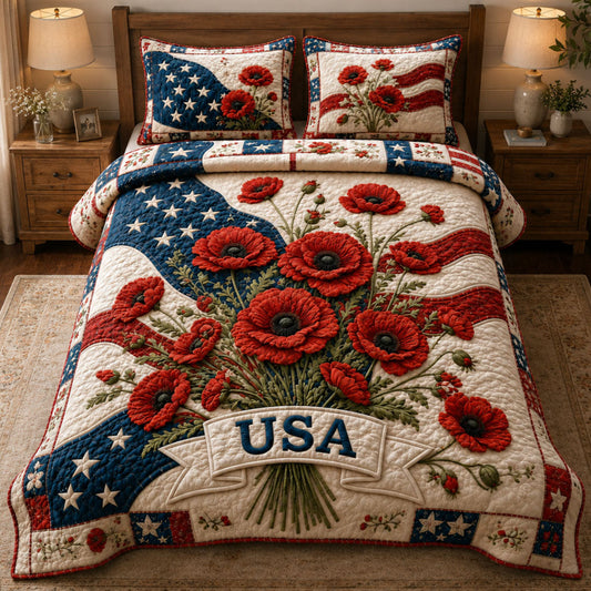 Patriotic Poppy Bouquet 3-Piece Quilted Bedding Set GFTOHNL1181