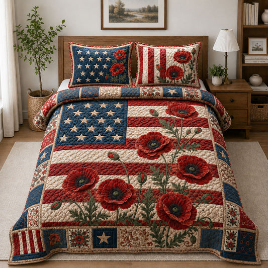 American Flag Red Poppy 3-Piece Quilted Bedding Set GFTOHNL1182
