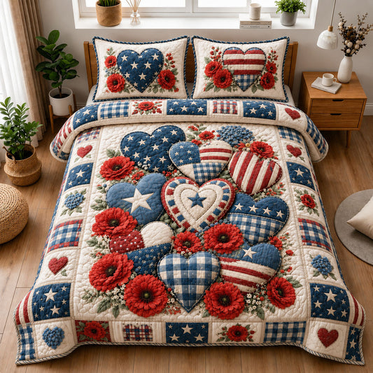 Patriotic Heart Floral Quilt 3-Piece Quilted Bedding Set GFTOHNL1183
