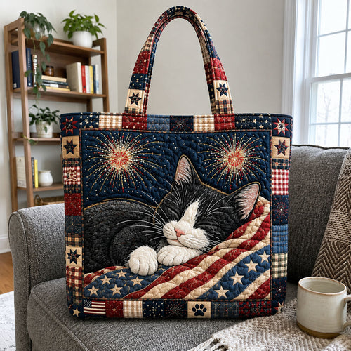 Sleeping Tuxedo Cat Fireworks Quilted Tote Bag GFTOHNL1214