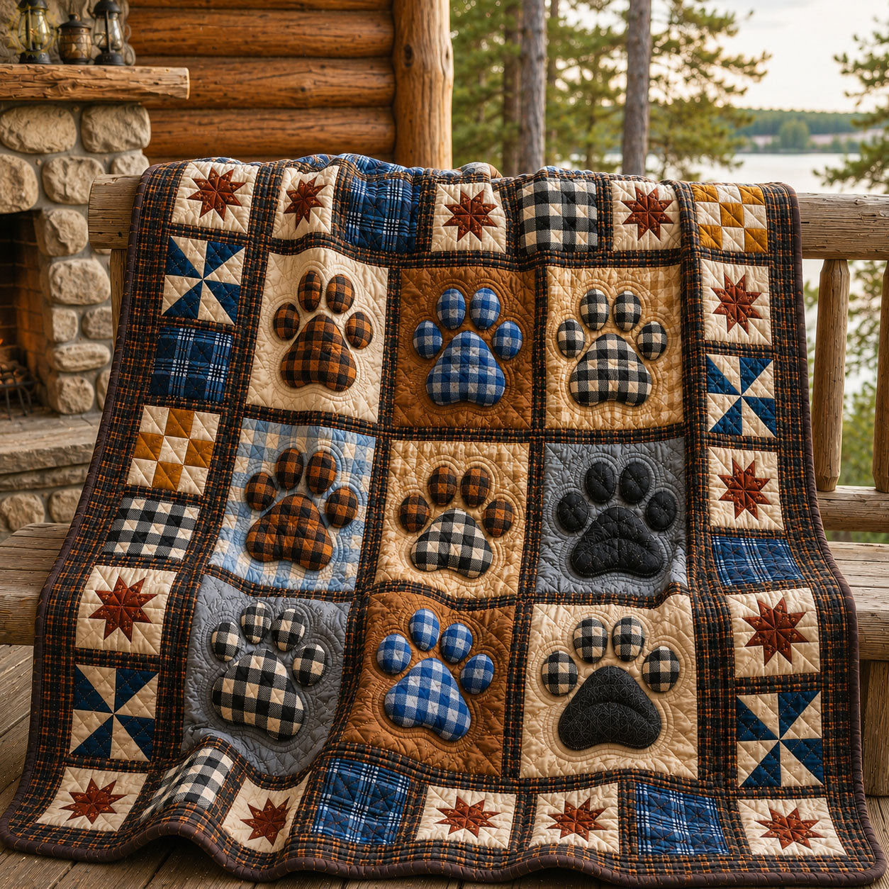 Rustic Plaid Dog Paw Patchwork Quilted Blanket GFTOHNL1237