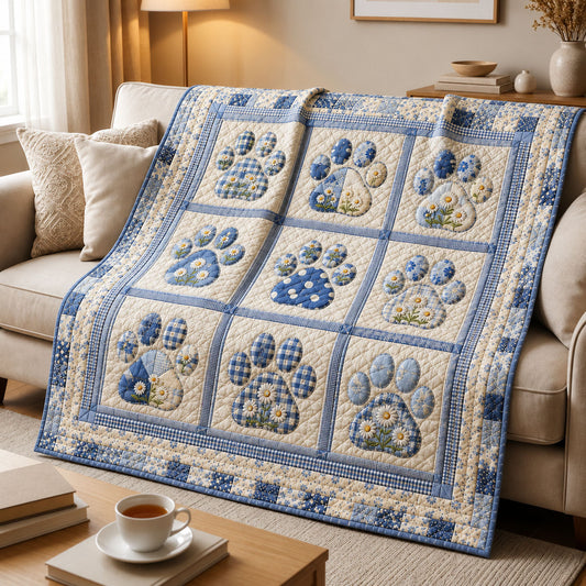 Blue Daisy Dog Paw Cottagecore Quilted Blanket GFTOHNL1238
