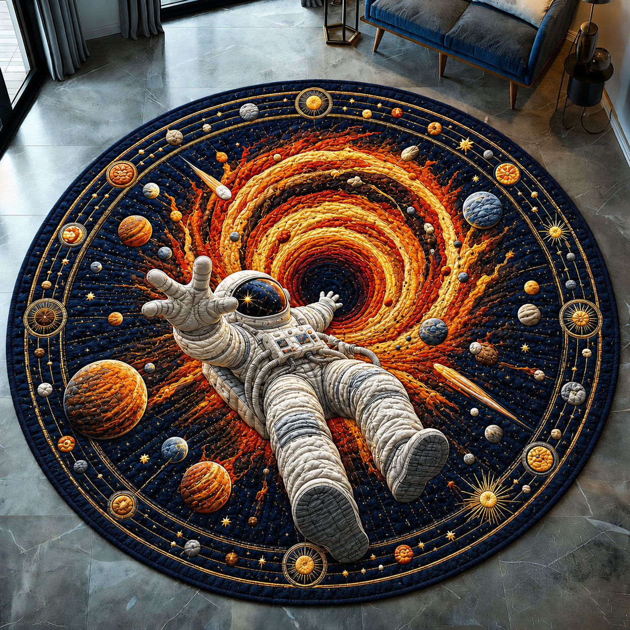 Astronaut Escaping The Solar Spiral Quilted Round Mat GFTOHNL1249