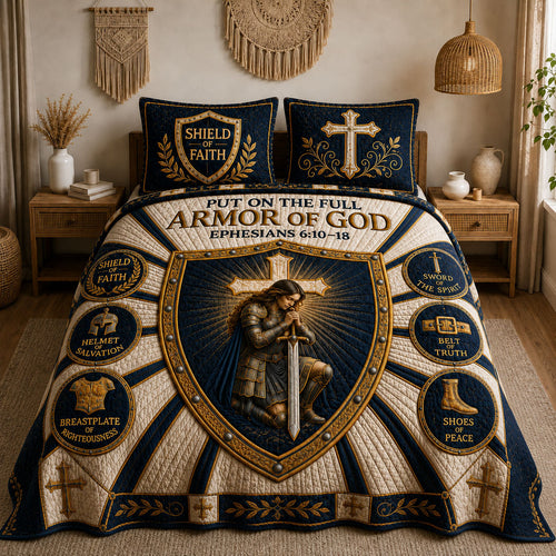 Navy Radiant Shield Armor Of God 3-Piece Quilted Bedding Set GFTOHNL1300