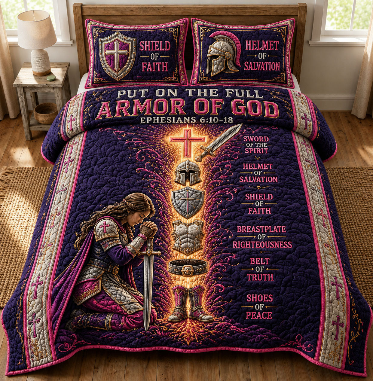 Pink Divine Power Armor Of God 3-Piece Quilted Bedding Set GFTOHNL1302