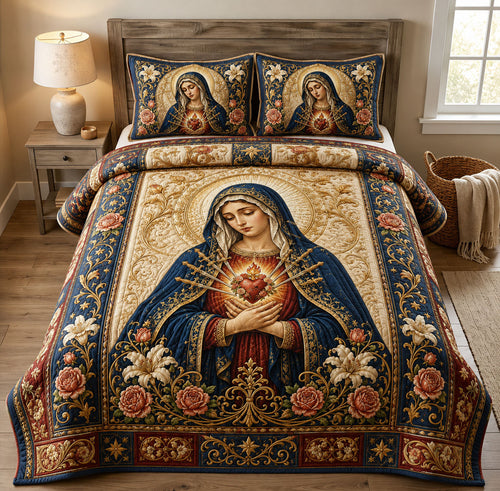 Sacred Heart Mary Navy Gold 3-Piece Quilted Bedding Set GFTOHNL1364