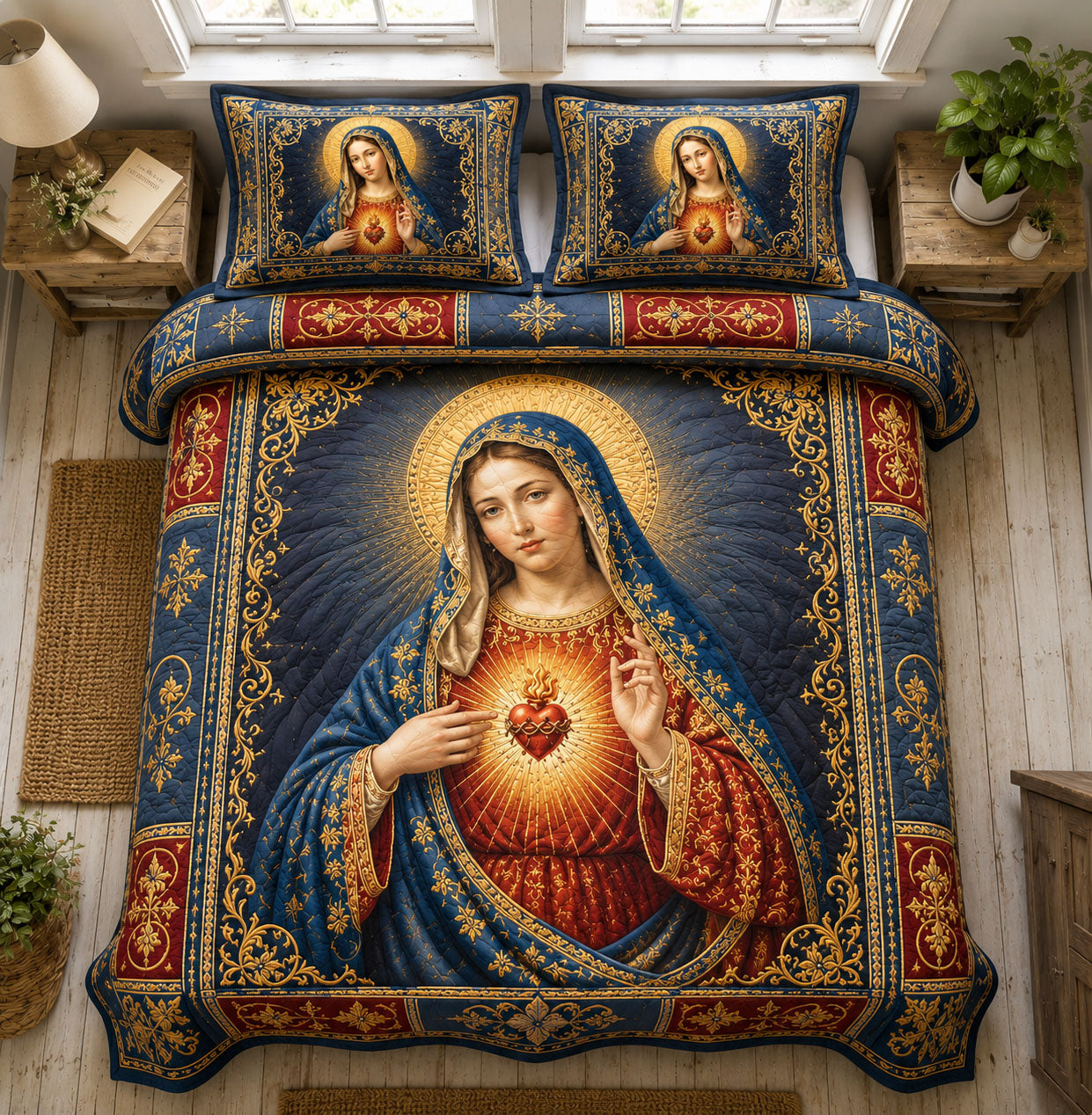 Immaculate Heart Mary Navy Gold 3-Piece Quilted Bedding Set GFTOHNL1366