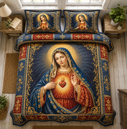 Immaculate Heart Mary Navy Gold 3-Piece Quilted Bedding Set GFTOHNL1366
