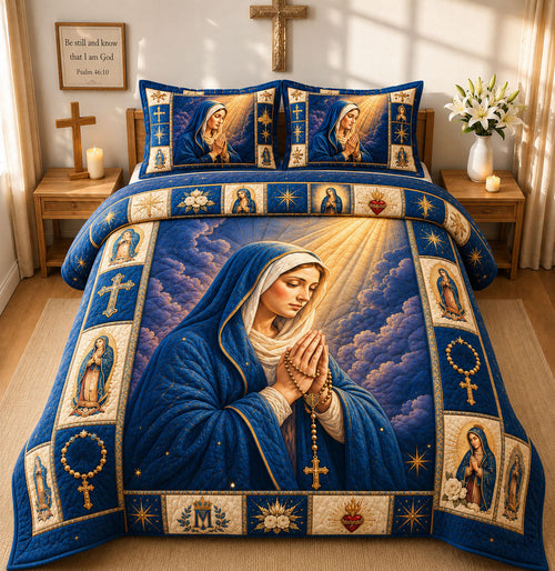 Marian Rosary Prayer Blue 3-Piece Quilted Bedding Set GFTOHNL1368