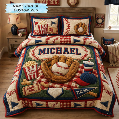 Personalized Ballpark Baseball Picnic 3-Piece Quilted Bedding Set QTCUZ GFTOHNL1417