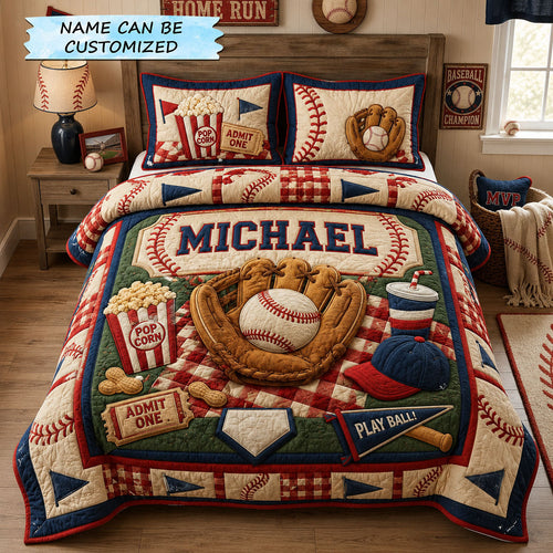 Personalized Ballpark Baseball Picnic 3-Piece Quilted Bedding Set QTCUZ GFTOHNL1417