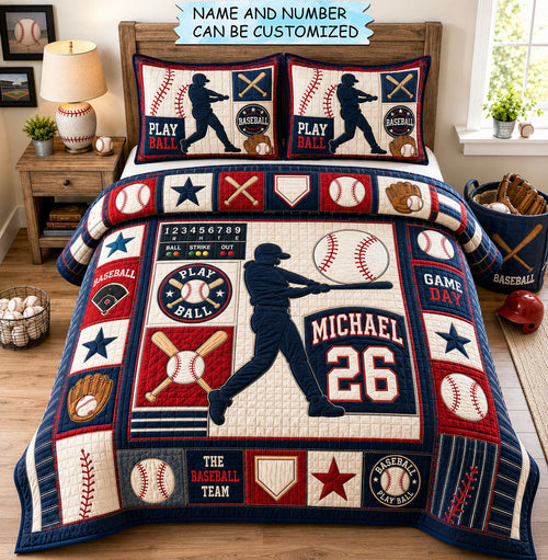 Personalized Baseball Play Ball 3-Piece Quilted Bedding Set QTCUZ GFTOHNL1449