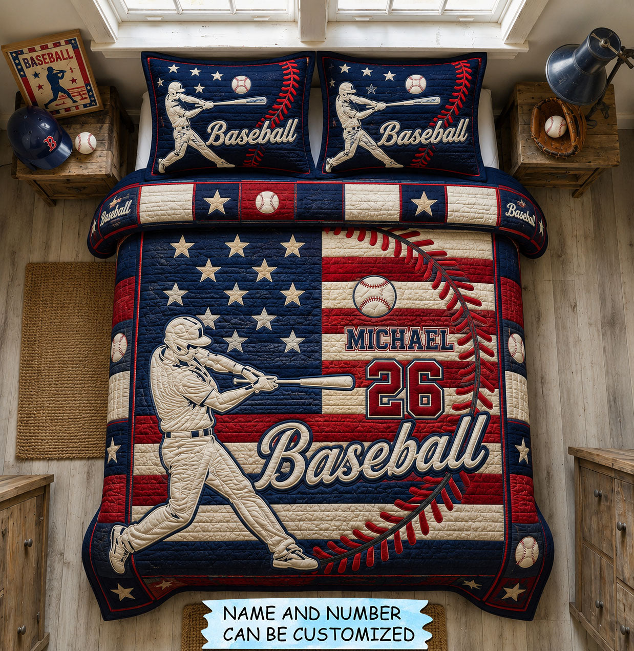 Personalized Baseball Patriotic 3-Piece Quilted Bedding Set QTCUZ GFTOHNL1450