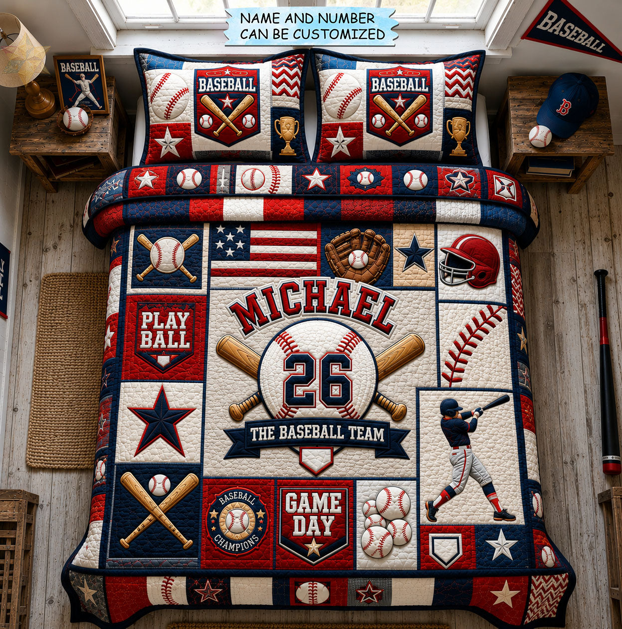 Personalized Baseball Team 3-Piece Quilted Bedding Set QTCUZ GFTOHNL1453