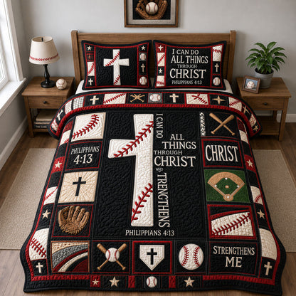 Through Christ Strength Baseball 3-Piece Quilted Bedding Set  GFTOHNL1477