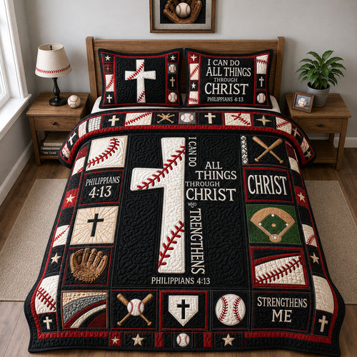 Through Christ Strength Baseball 3-Piece Quilted Bedding Set  GFTOHNL1477